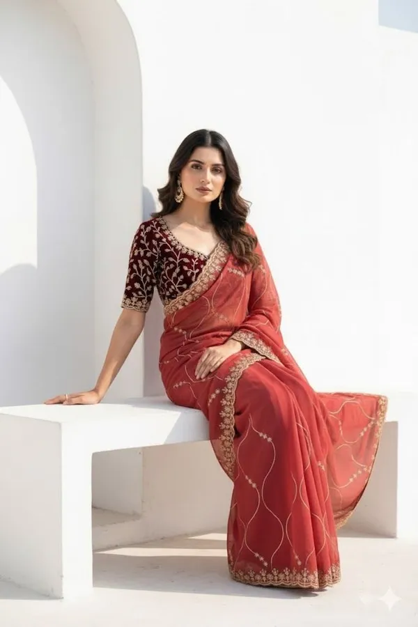 FLUIT_LESVETEMENTS_Embroidered_Bollywood_Georgette_Saree_with_Unstitched_Blouse_(Orange)