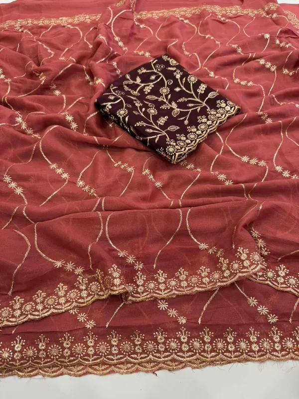 FLUIT_LESVETEMENTS_Embroidered_Bollywood_Georgette_Saree_with_Unstitched_Blouse_(Orange)