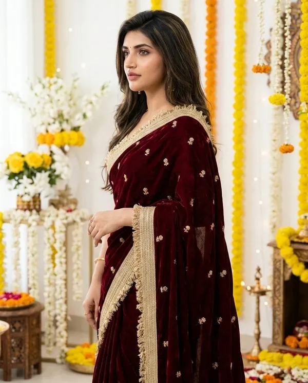 FLUIT_LESVETEMENTS_Embroidered_Bollywood_Satin_Saree_with_Unstitched_Blouse_(Maroon)