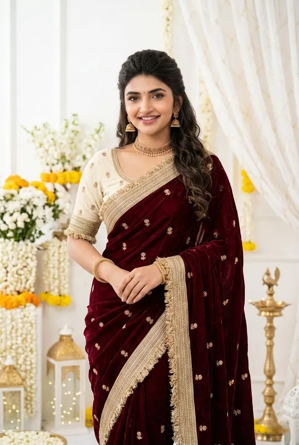 FLUIT_LESVETEMENTS_Embroidered_Bollywood_Satin_Saree_with_Unstitched_Blouse_(Maroon)
