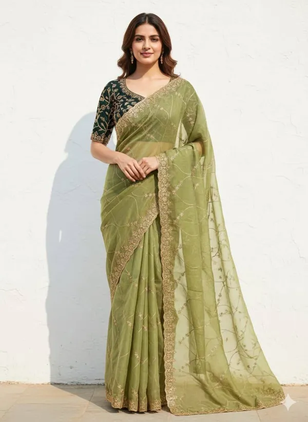 FLUIT_LESVETEMENTS_Embroidered_Bollywood_Georgette_Saree_with_Unstitched_Blouse_(Dark_Green)