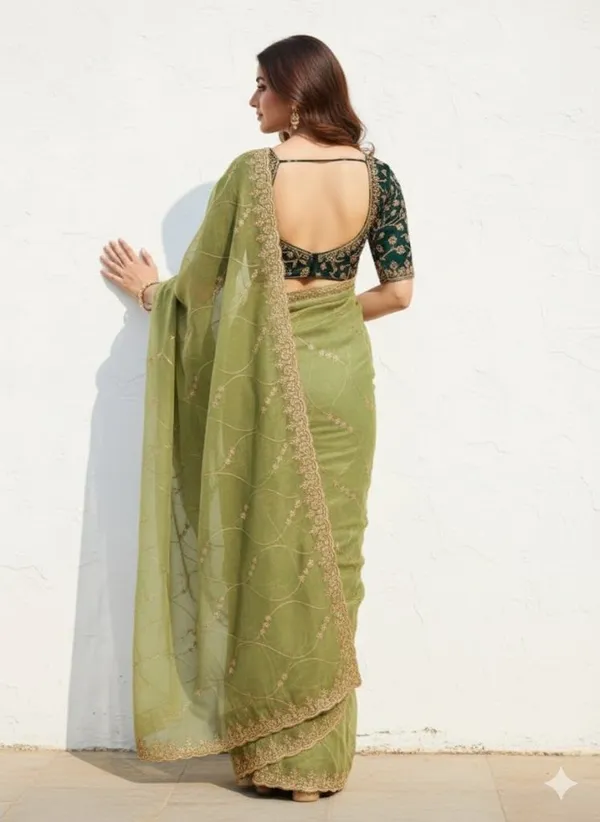 FLUIT_LESVETEMENTS_Embroidered_Bollywood_Georgette_Saree_with_Unstitched_Blouse_(Dark_Green)