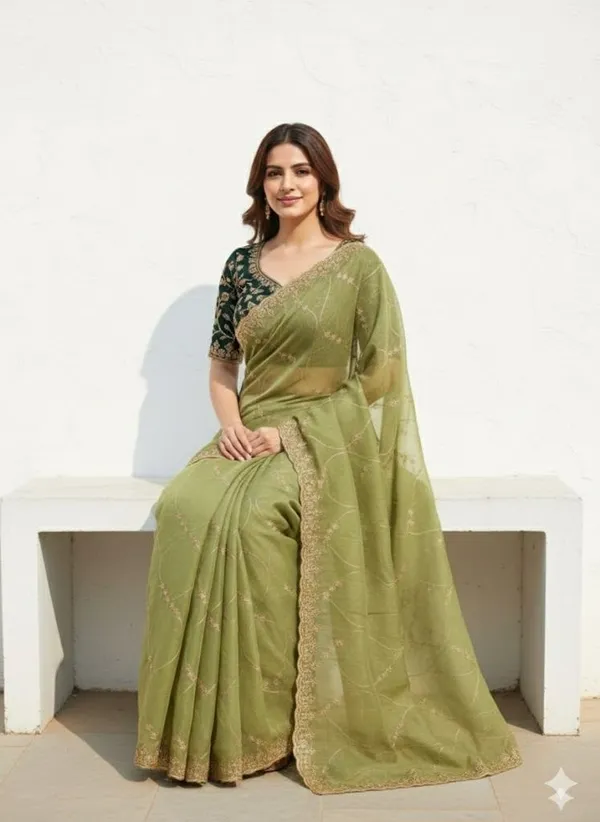 FLUIT_LESVETEMENTS_Embroidered_Bollywood_Georgette_Saree_with_Unstitched_Blouse_(Dark_Green)