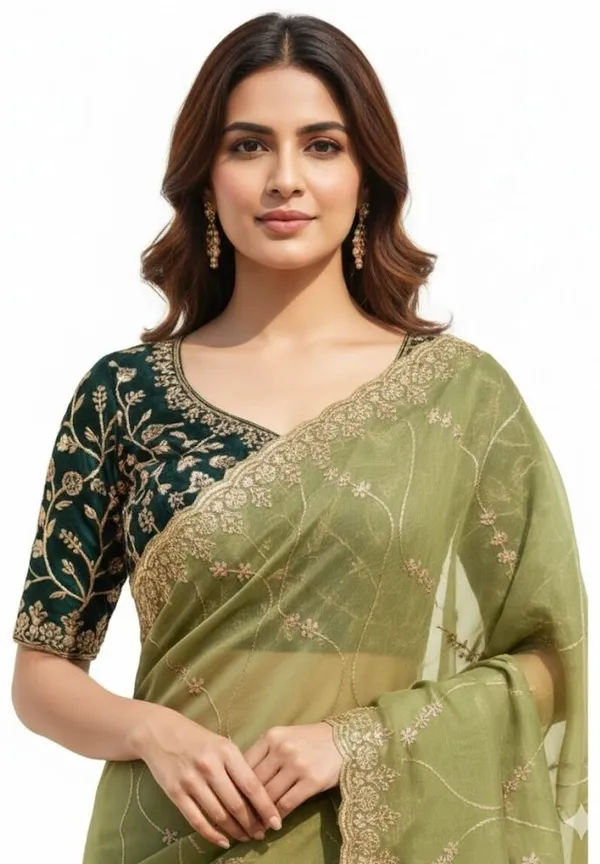 FLUIT_LESVETEMENTS_Embroidered_Bollywood_Georgette_Saree_with_Unstitched_Blouse_(Dark_Green)