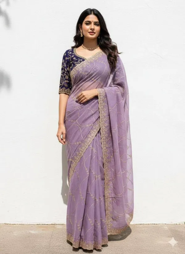 FLUIT_LESVETEMENTS_Embroidered_Bollywood_Georgette_Saree_with_Unstitched_Blouse_(Purple)