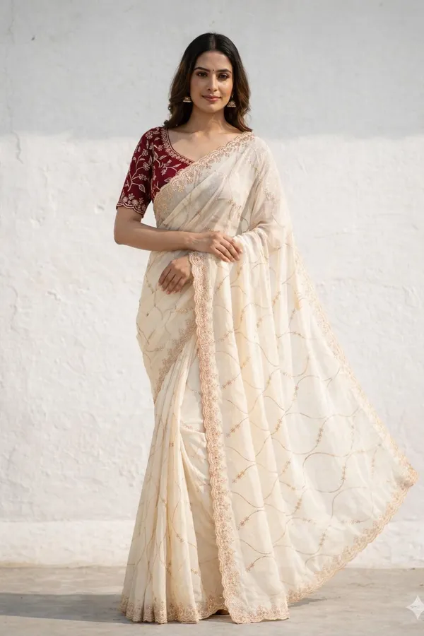 FLUIT_LESVETEMENTS_Embroidered_Bollywood_Georgette_Saree_with_Unstitched_Blouse_(Cream)