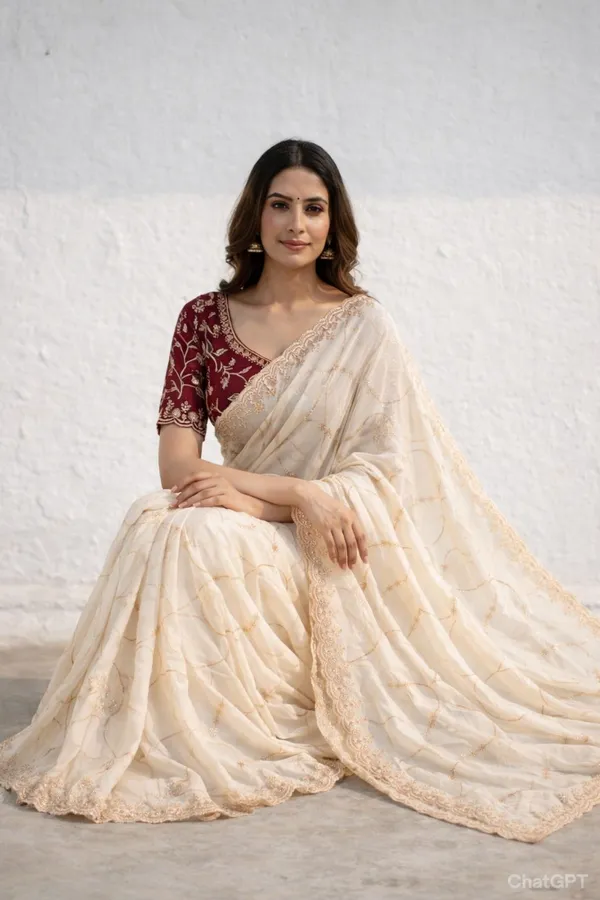 FLUIT_LESVETEMENTS_Embroidered_Bollywood_Georgette_Saree_with_Unstitched_Blouse_(Cream)