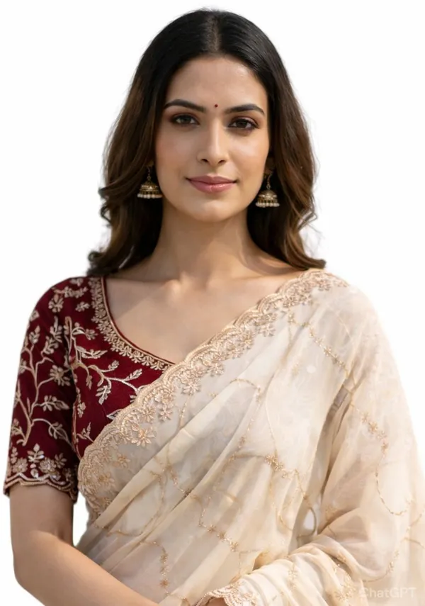 FLUIT_LESVETEMENTS_Embroidered_Bollywood_Georgette_Saree_with_Unstitched_Blouse_(Cream)