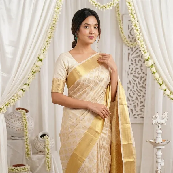 FLUIT_LESVETEMENTS_Self_Design_Kanjivaram_Jacquard_Saree_with_Unstitched_Blouse_(White)