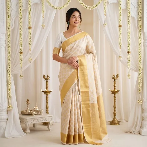 FLUIT_LESVETEMENTS_Self_Design_Kanjivaram_Jacquard_Saree_with_Unstitched_Blouse_(White)