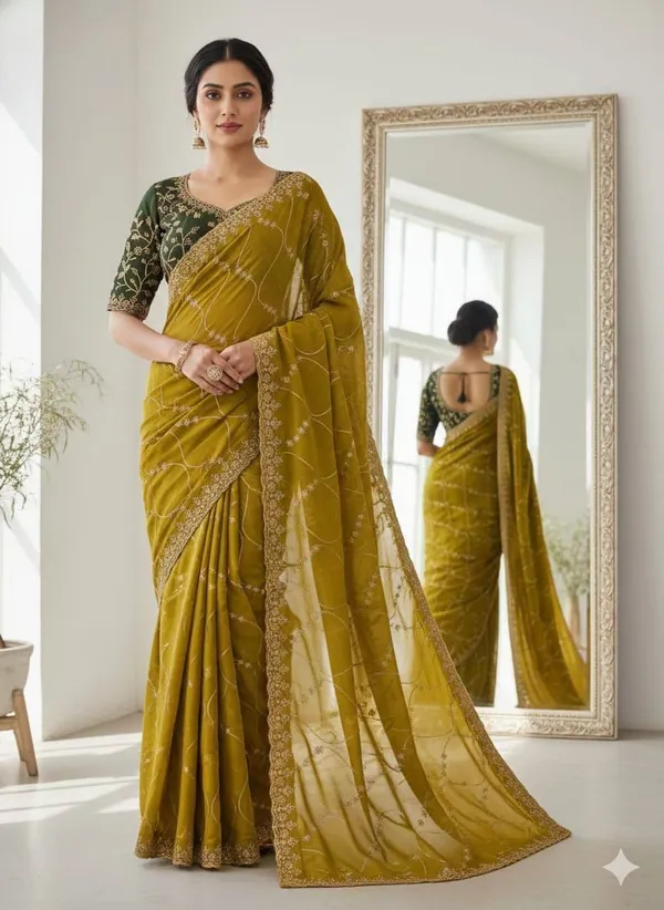 FLUIT_LESVETEMENTS_Embroidered_Bollywood_Georgette_Saree_with_Unstitched_Blouse_(Yellow)