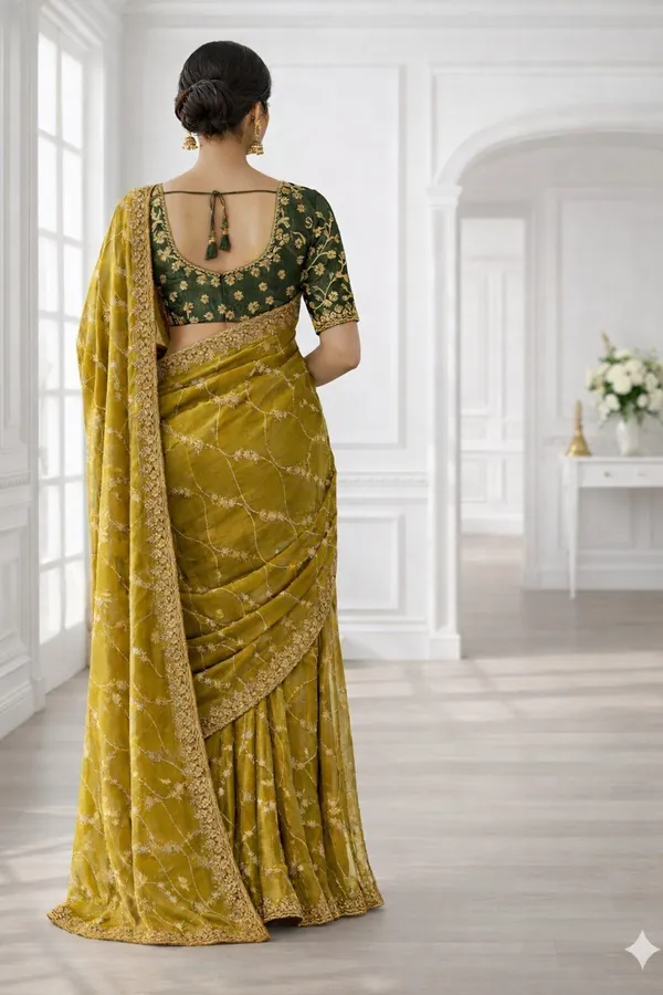 FLUIT_LESVETEMENTS_Embroidered_Bollywood_Georgette_Saree_with_Unstitched_Blouse_(Yellow)
