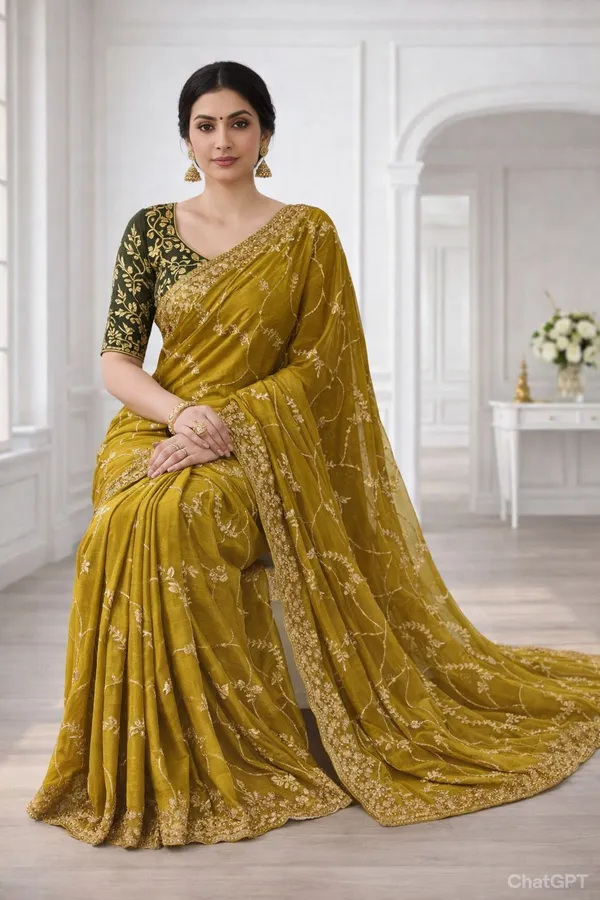 FLUIT_LESVETEMENTS_Embroidered_Bollywood_Georgette_Saree_with_Unstitched_Blouse_(Yellow)