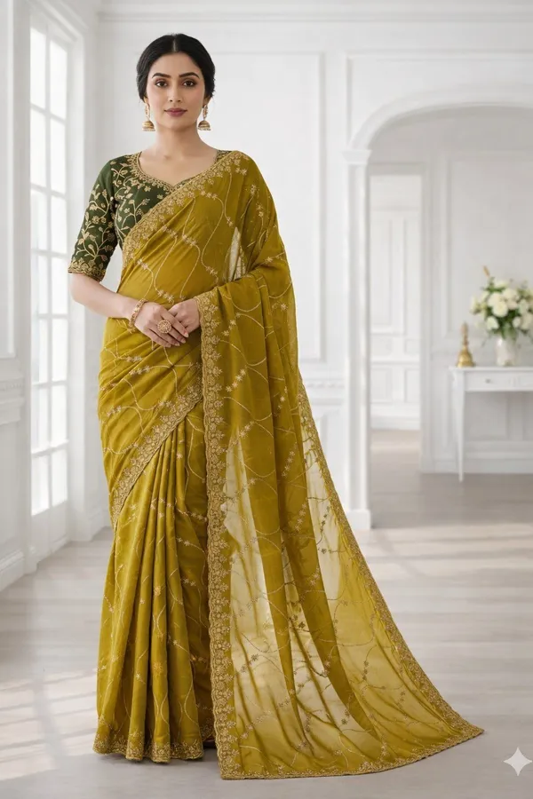 FLUIT_LESVETEMENTS_Embroidered_Bollywood_Georgette_Saree_with_Unstitched_Blouse_(Yellow)