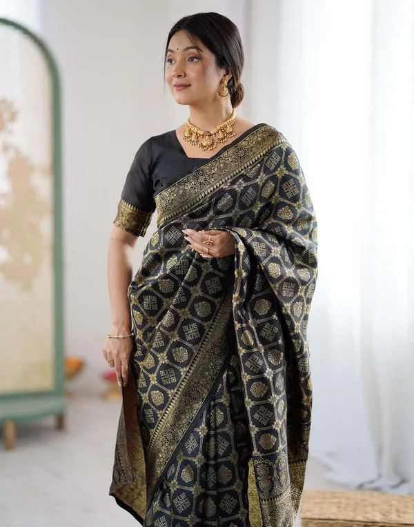 FLUIT_LESVETEMENTS_Self_Design_Kanjivaram_Jacquard_Saree_with_Unstitched_Blouse_(Black)