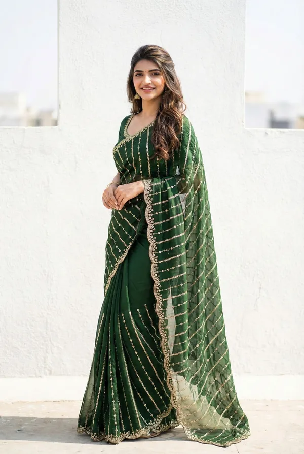 FLUIT_LESVETEMENTS_Embroidered_Bollywood_Satin_Saree_with_Unstitched_Blouse_(Dark_Green)