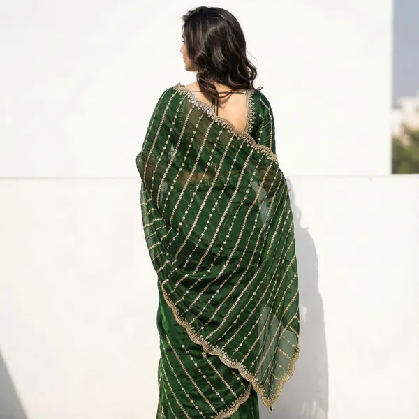 FLUIT_LESVETEMENTS_Embroidered_Bollywood_Satin_Saree_with_Unstitched_Blouse_(Dark_Green)