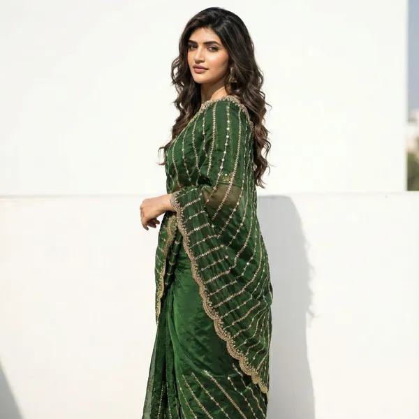 FLUIT_LESVETEMENTS_Embroidered_Bollywood_Satin_Saree_with_Unstitched_Blouse_(Dark_Green)