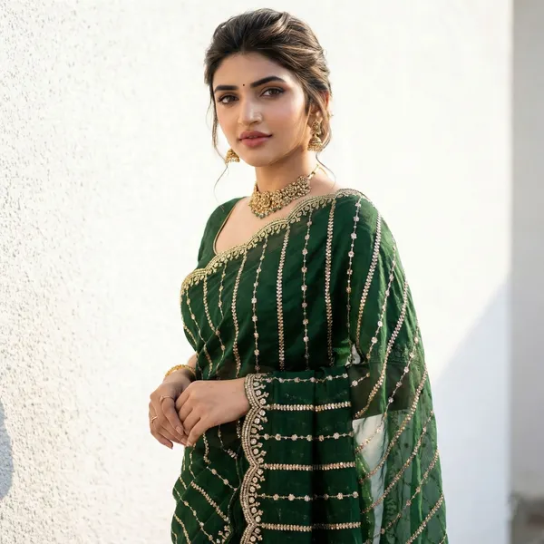 FLUIT_LESVETEMENTS_Embroidered_Bollywood_Satin_Saree_with_Unstitched_Blouse_(Dark_Green)