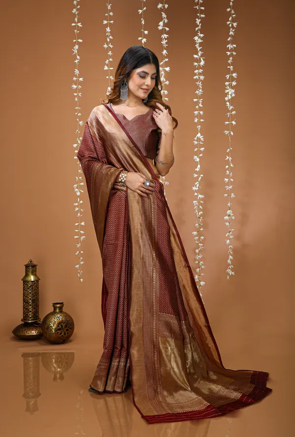 FLUIT_LESVETEMENTS_Self_Design_Kanjivaram_Jacquard_Saree_with_Unstitched_Blouse_(Brown)