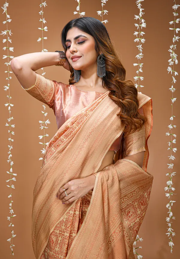 FLUIT_LESVETEMENTS_Self_Design_Kanjivaram_Jacquard_Saree_with_Unstitched_Blouse_(Orange)