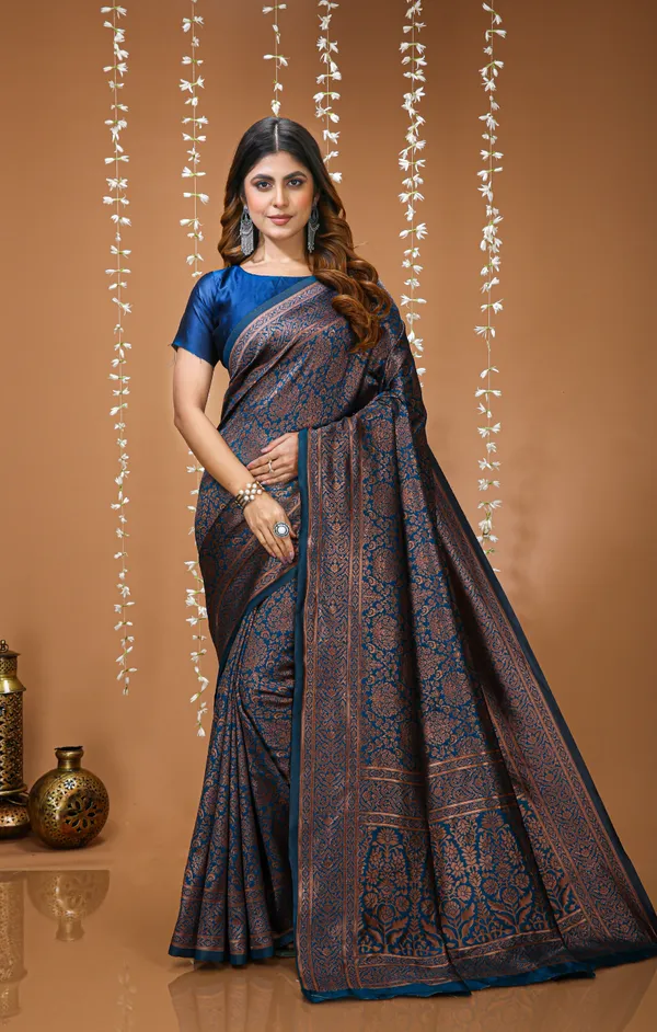 FLUIT_LESVETEMENTS_Self_Design_Kanjivaram_Jacquard_Saree_with_Unstitched_Blouse_(Dark_Blue)