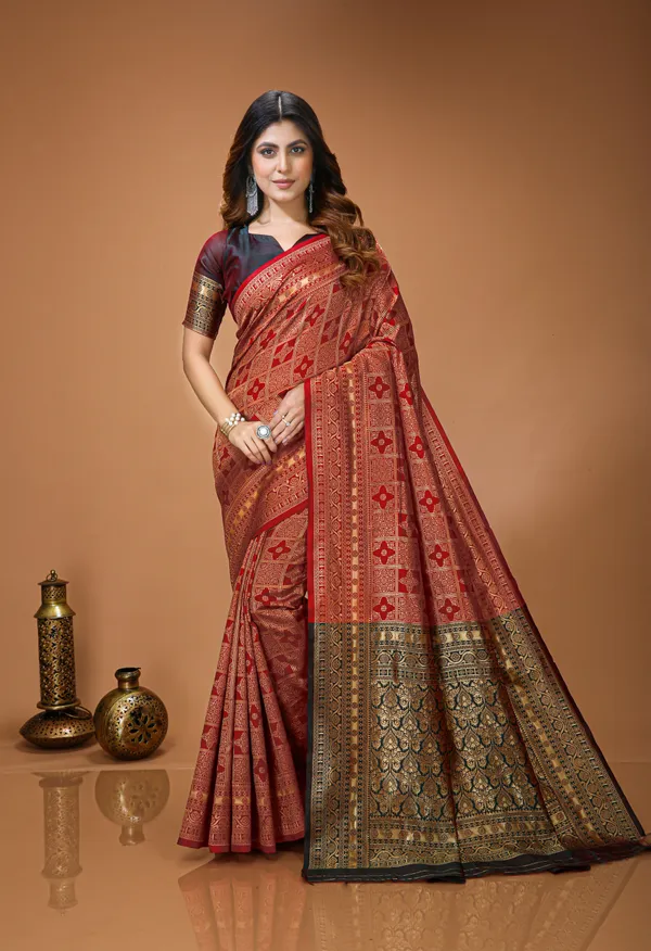 FLUIT_LESVETEMENTS_Self_Design_Kanjivaram_Jacquard_Saree_with_Unstitched_Blouse_(Red)