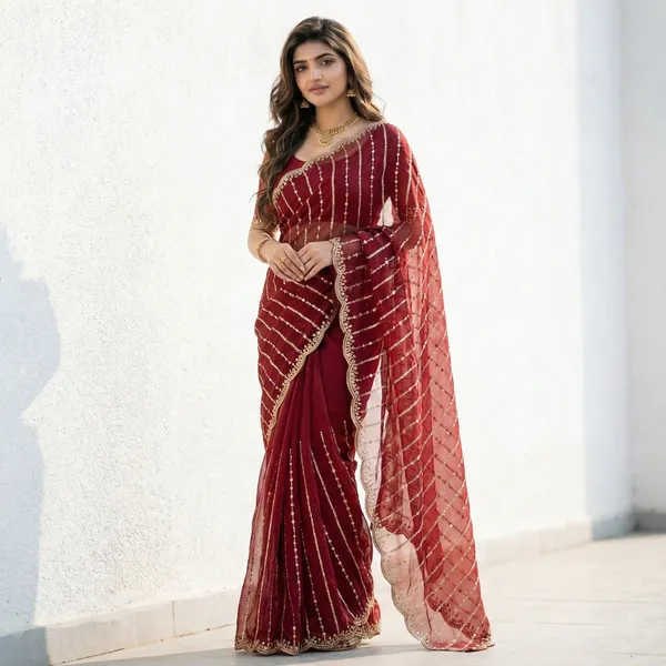 FLUIT_LESVETEMENTS_Embroidered_Bollywood_Satin_Saree_with_Unstitched_Blouse_(Maroon)