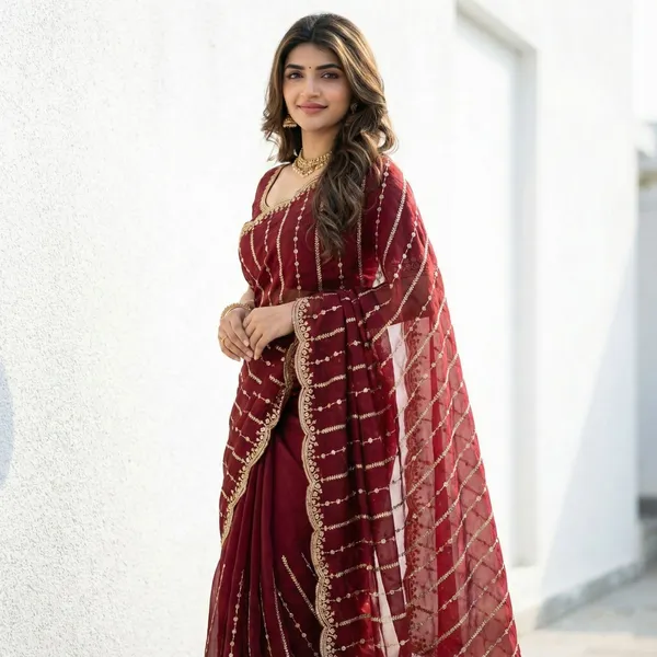 FLUIT_LESVETEMENTS_Embroidered_Bollywood_Satin_Saree_with_Unstitched_Blouse_(Maroon)