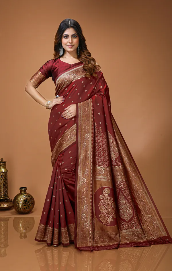 FLUIT_LESVETEMENTS_Self_Design_Kanjivaram_Jacquard_Saree_with_Unstitched_Blouse_(Maroon)