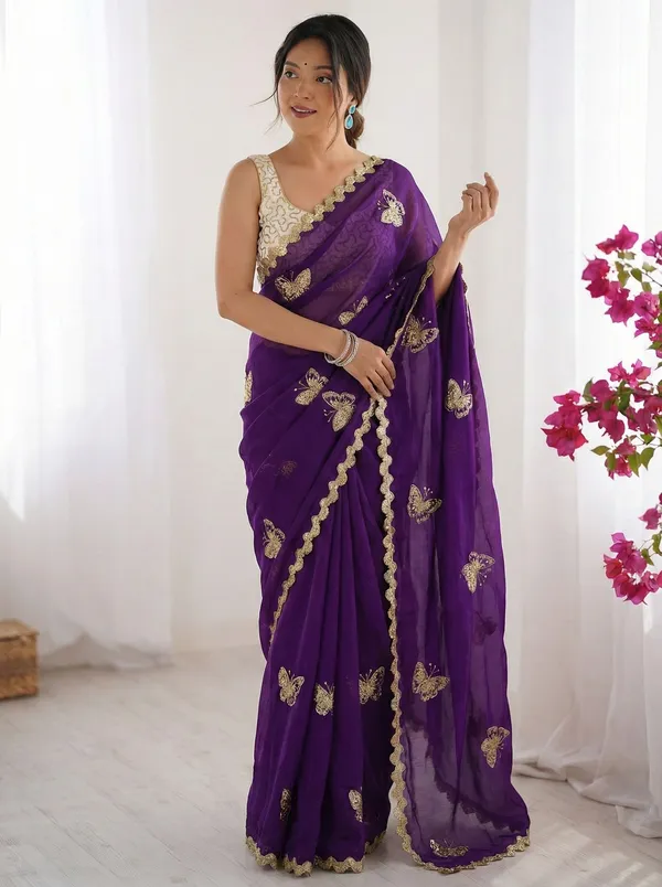 FLUIT_LESVETEMENTS_Embroidered_Bollywood_Satin_Saree_with_Unstitched_Blouse_(Purple)