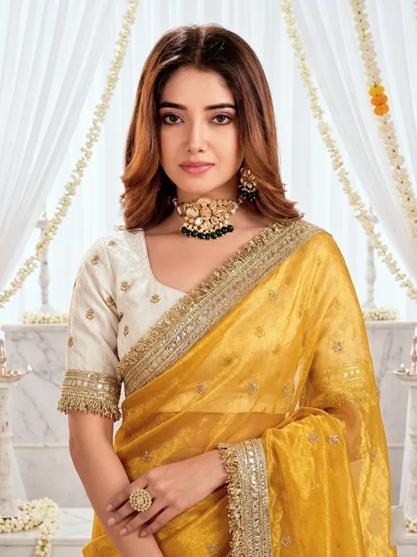 FLUIT_LESVETEMENTS_Embroidered_Bollywood_Satin_Saree_with_Unstitched_Blouse_(Yellow)