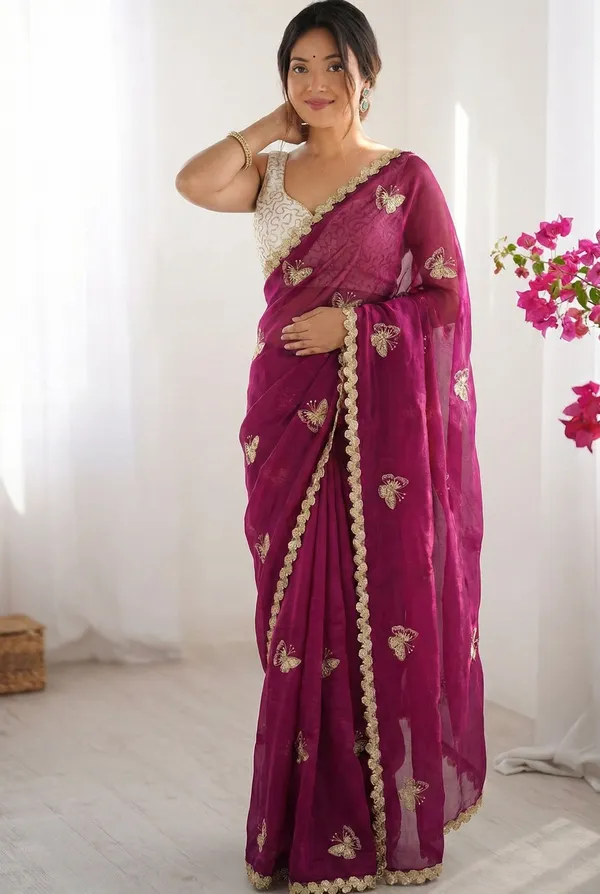 FLUIT_LESVETEMENTS_Embroidered_Bollywood_Satin_Saree_with_Unstitched_Blouse_(Magenta)