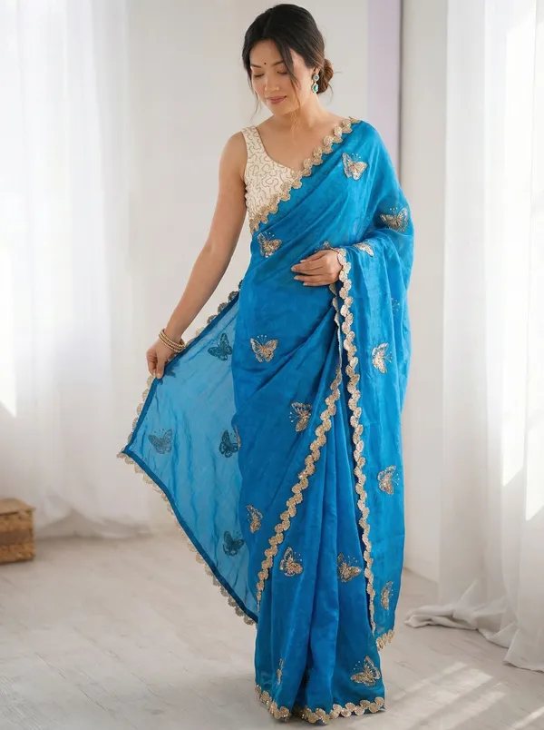 FLUIT_LESVETEMENTS_Embroidered_Bollywood_Satin_Saree_with_Unstitched_Blouse_(Blue)