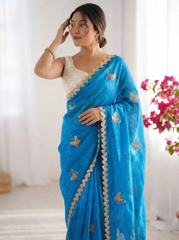 FLUIT_LESVETEMENTS_Embroidered_Bollywood_Satin_Saree_with_Unstitched_Blouse_(Blue)