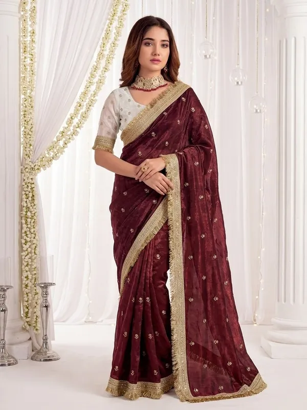 FLUIT_LESVETEMENTS_Embroidered_Bollywood_Satin_Saree_with_Unstitched_Blouse_(Maroon)
