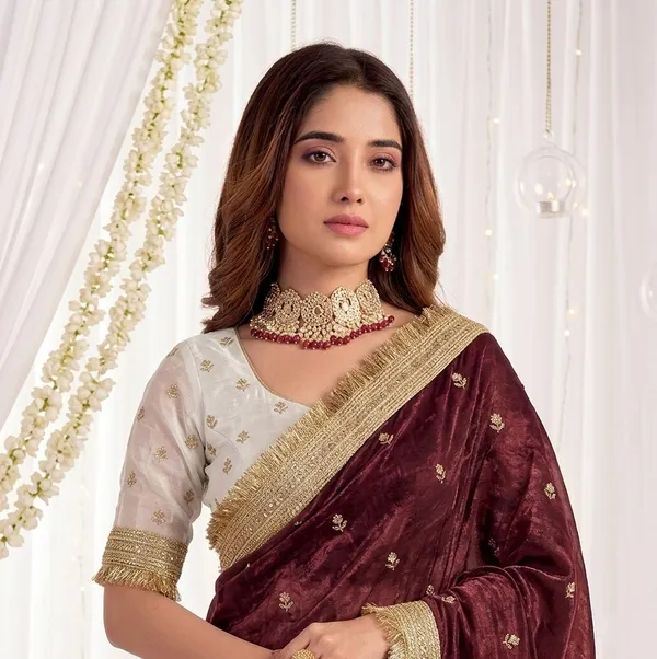 FLUIT_LESVETEMENTS_Embroidered_Bollywood_Satin_Saree_with_Unstitched_Blouse_(Maroon)