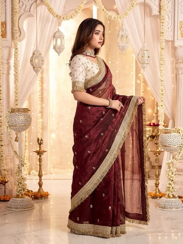 FLUIT_LESVETEMENTS_Embroidered_Bollywood_Satin_Saree_with_Unstitched_Blouse_(Maroon)