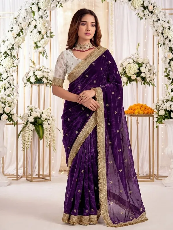 FLUIT_LESVETEMENTS_Embroidered_Bollywood_Satin_Saree_with_Unstitched_Blouse_(Purple)