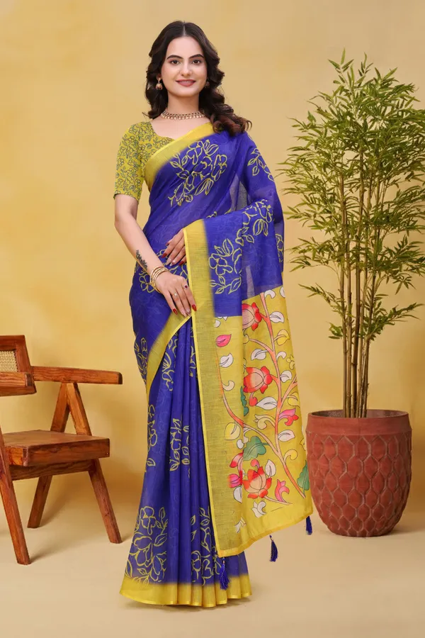 FLUIT_LESVETEMENTS_Floral_Print_Kalamkari_Cotton_Linen_Saree_with_Unstitched_Blouse_(Blue)