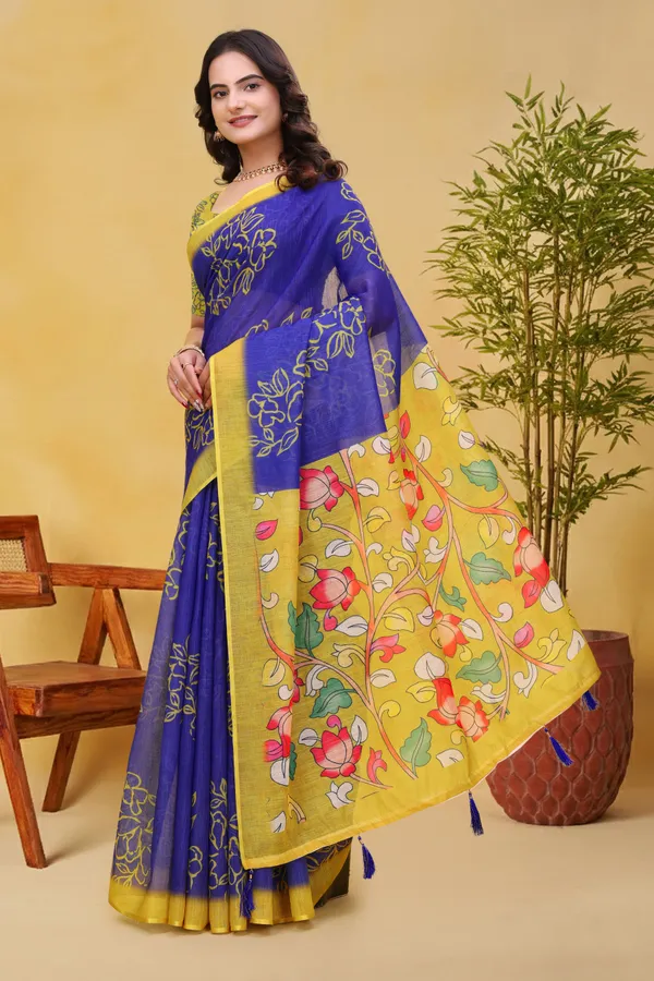 FLUIT_LESVETEMENTS_Floral_Print_Kalamkari_Cotton_Linen_Saree_with_Unstitched_Blouse_(Blue)