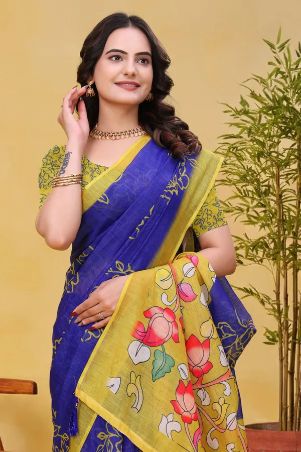 FLUIT_LESVETEMENTS_Floral_Print_Kalamkari_Cotton_Linen_Saree_with_Unstitched_Blouse_(Blue)