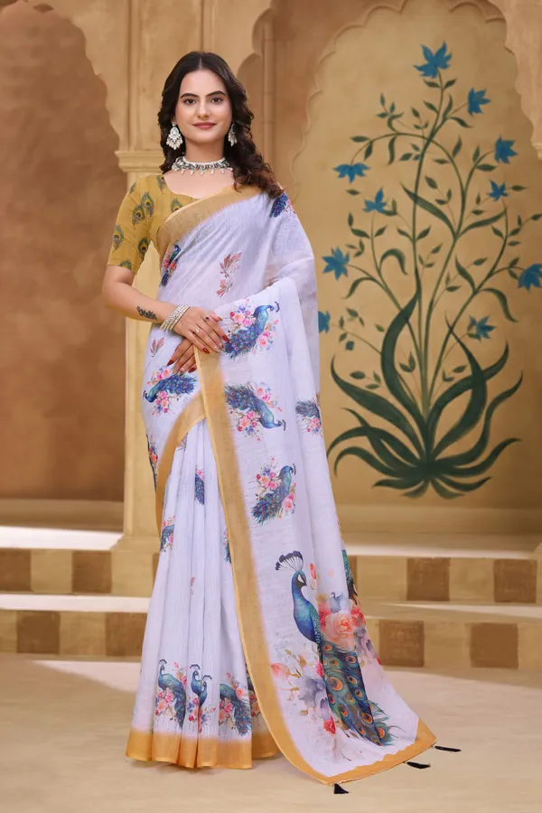 FLUIT_LESVETEMENTS_Floral_Print_Kalamkari_Cotton_Linen_Saree_with_Unstitched_Blouse_(White)