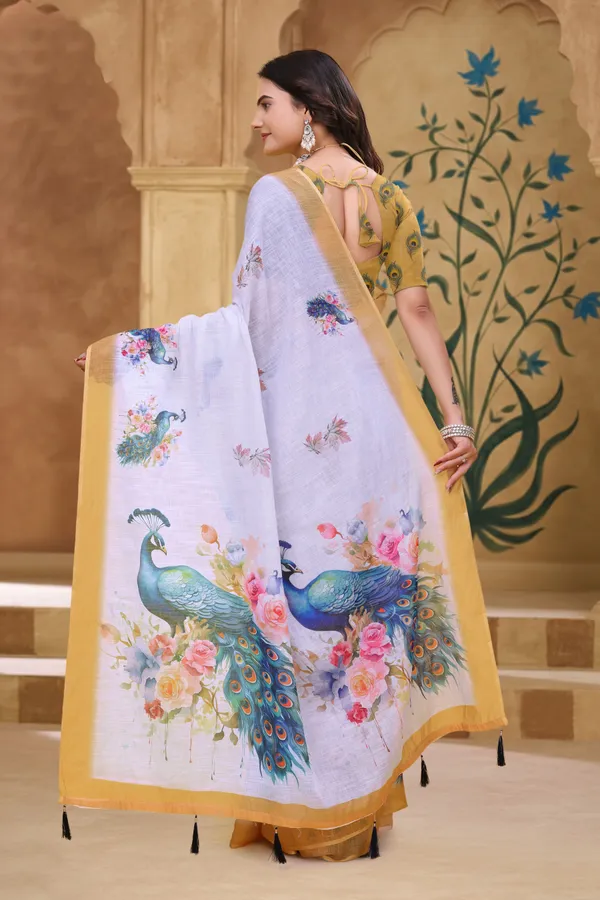 FLUIT_LESVETEMENTS_Floral_Print_Kalamkari_Cotton_Linen_Saree_with_Unstitched_Blouse_(White)