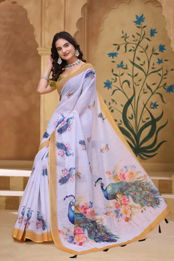 FLUIT_LESVETEMENTS_Floral_Print_Kalamkari_Cotton_Linen_Saree_with_Unstitched_Blouse_(White)