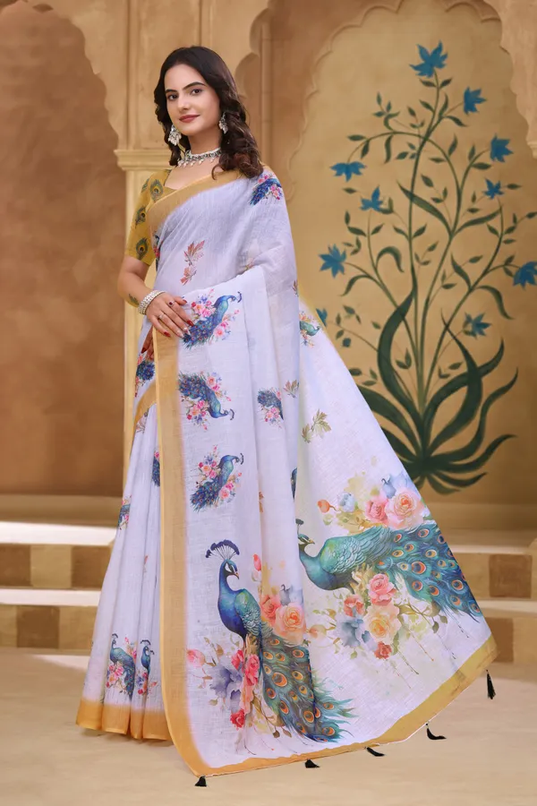 FLUIT_LESVETEMENTS_Floral_Print_Kalamkari_Cotton_Linen_Saree_with_Unstitched_Blouse_(White)