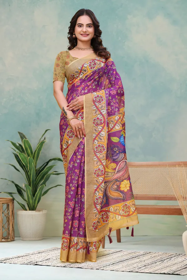 FLUIT_LESVETEMENTS_Floral_Print_Kalamkari_Cotton_Linen_Saree_with_Unstitched_Blouse_(Magenta)