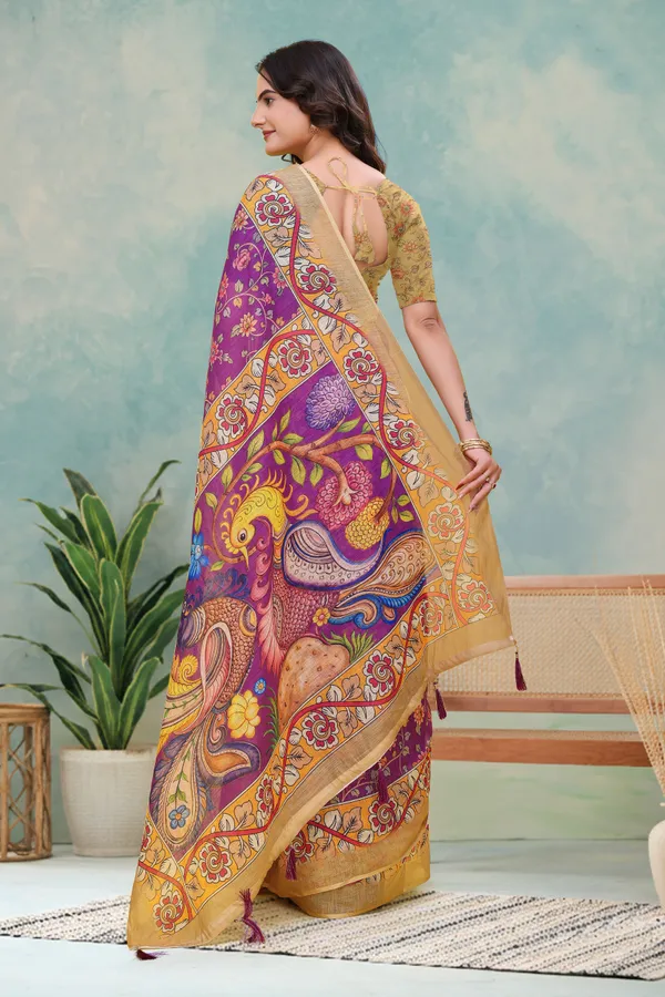 FLUIT_LESVETEMENTS_Floral_Print_Kalamkari_Cotton_Linen_Saree_with_Unstitched_Blouse_(Magenta)