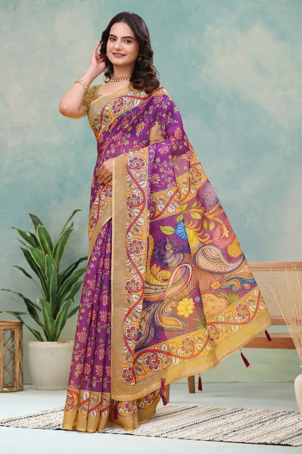 FLUIT_LESVETEMENTS_Floral_Print_Kalamkari_Cotton_Linen_Saree_with_Unstitched_Blouse_(Magenta)