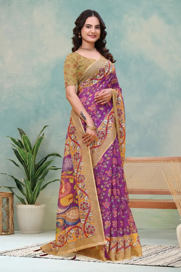 FLUIT_LESVETEMENTS_Floral_Print_Kalamkari_Cotton_Linen_Saree_with_Unstitched_Blouse_(Magenta)